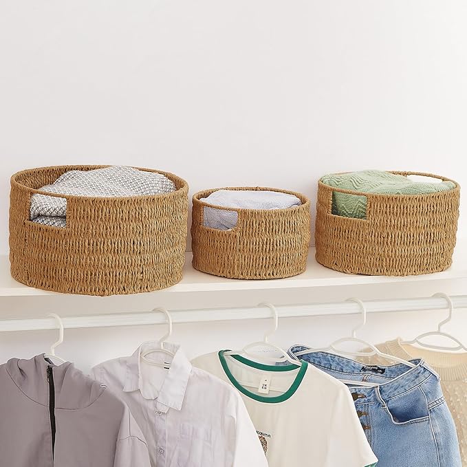 Vagusicc Wicker Storage Basket, Hand-Woven Paper Rope Large Round Woven Basket With Handles, Wicker Baskets for Organizing/Storage, Natural, 3-Pack