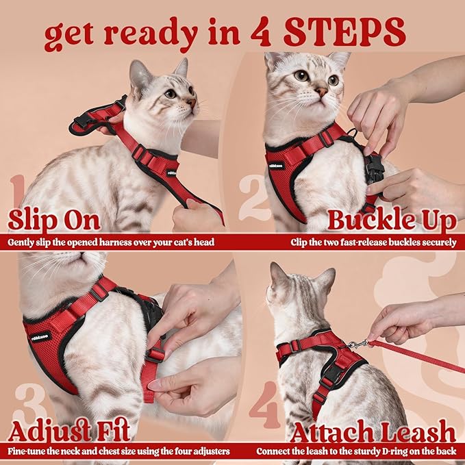 rabbitgoo Cat Harness and Leash for Walking, Escape Proof Soft Adjustable Vest Harnesses for Cats, Easy Control Breathable Reflective Strips Jacket, Red, M