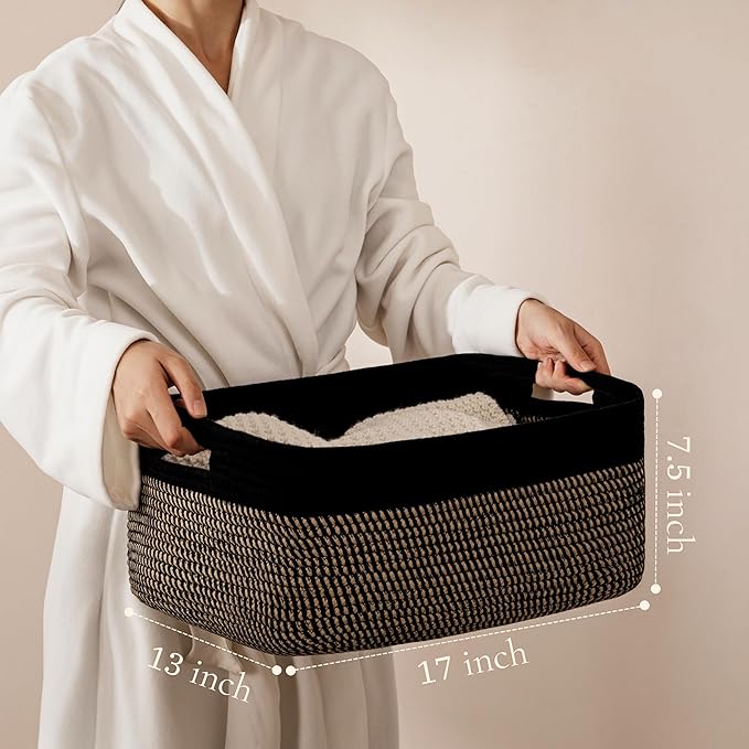 UBBCARE 2 Pack Large Woven Storage Baskets for Organizing, Clothes/Towel/Sweater Organizer for Closet, Storage Baskets Bins for Shelves, Blanket Basket, 17''Lx13''Wx7.5''H, Black/Brown