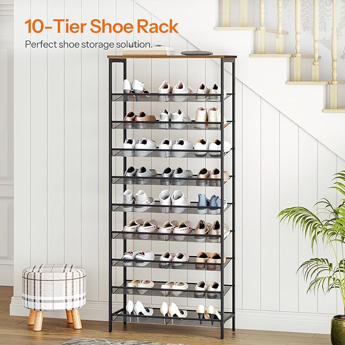 HOOBRO 10-Tier Shoe Rack, 29.5"L Shoe Shelf, Large Capacity Shoe Storage Organizer for 27+ Pairs of Shoes, Front Door Entrance, Entryway, Hallway, Closet, Space Saver, Rustic Brown and Black BF110XJ01