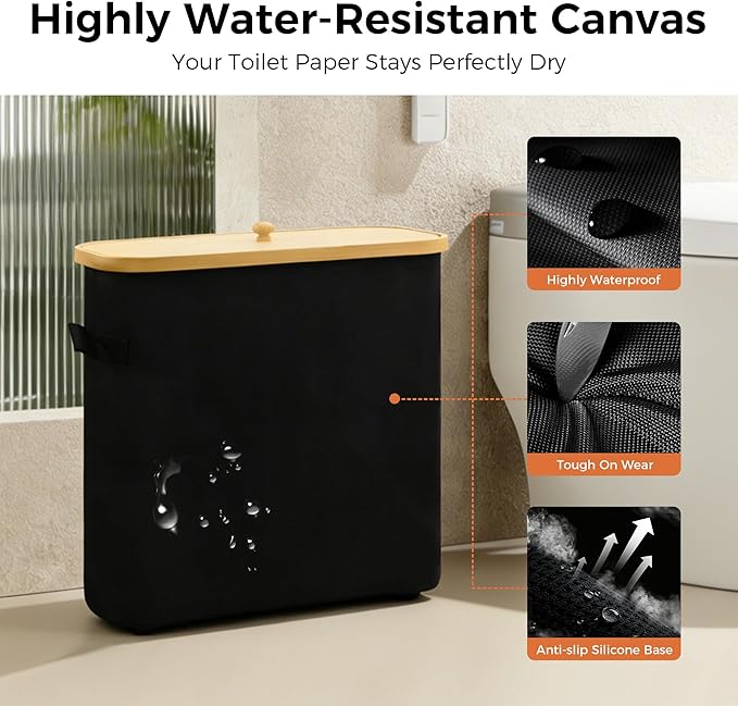 MinBoo Toilet Paper Basket, Storage with Lid, Toilet Paper Organizer for Bathroom, Free Standing Toilet Paper Holder with Storage,Black