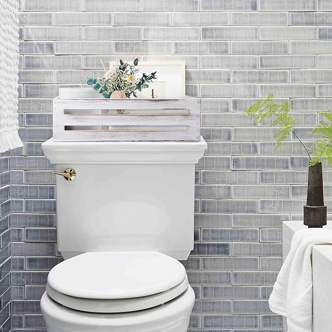 LotFancy Bathroom Decor Box, 2 Pack Wooden Toilet Paper Holder, White Toilet Storage Basket for Back of Toilet, Farmhouse Toilet Tank Topper