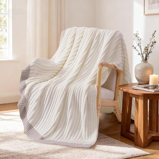 WRENSONGE Striped Throw Blanket, White Soft Cozy Fluffy Warm Hand Made Throw Blankets for Couch, Sofa, Chair, Bed, Camping, Picnic, Travel Lightweight Bed Blanket - 50"*60"
