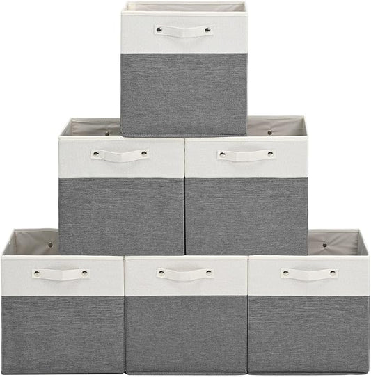 13 x 13 Inch Fabric Storage Cube Bins, 6 Pack Fine Linen Storage Boxes with Handles, Collapsible Basket Organizers for Shelves (White/Grey)