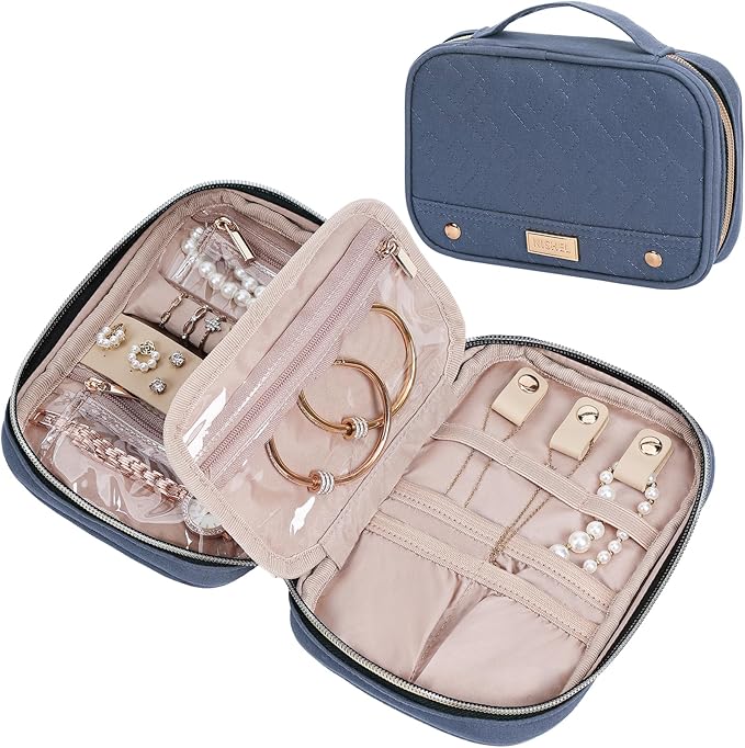 NISHEL Travel Jewelry Case, Holiday Organizer for Necklaces, Earrings, Rings, Bracelets, Watch,Small,Aegean-Blue