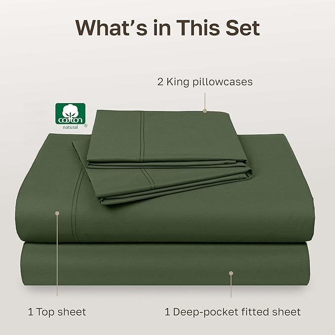 California Design Den King Deep Pocket Sheets Set - Luxury 600 Thread Count 100% Cotton Sheets King Size, Sateen, Hotel-Quality, Better Than Egyptian Cotton Sheets - Dark Olive Green