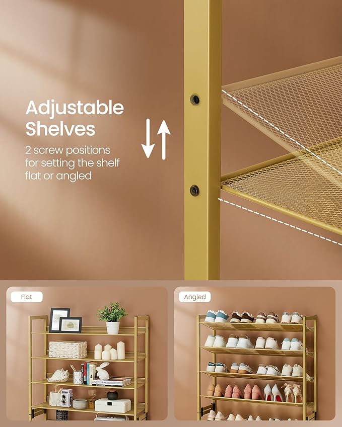 SONGMICS Shoe Rack, 8-Tier Shoe Organizer, Metal Rack for Garage, Set of 2, 4-Tier Stackable Shelf, with Adjustable Flat or Angled Shelves, 32-40 Pairs, Pale Gold ULMR08A02