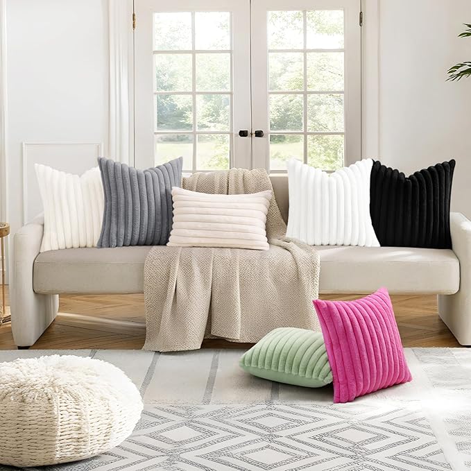 decorUhome Faux Fur Spring Throw Pillow Covers 24x24 Set of 2, Decorative Soft Plush Striped Neutral Couch Euro Sham Pillow Covers with Velvet Back for Sofa, Bed, Living Room Home, Hot Pink