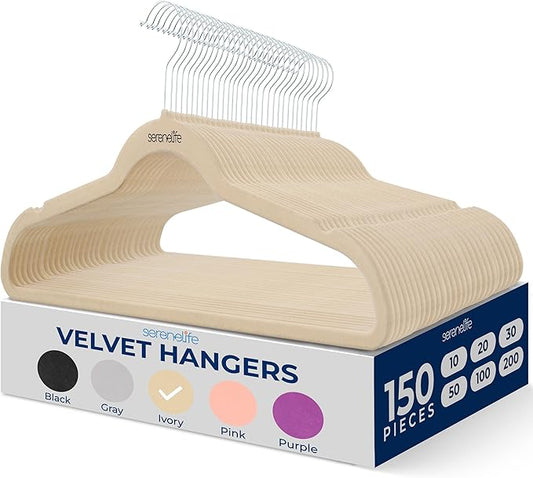 SereneLife 150 Pack Velvet Hangers - Non-Slip with 360° Swivel Hook - Ultra-Thin, Lightweight, Space-Saving, Felt Hangers for Shirts, Sweaters, Hoodies, Kids Clothes & Dresses