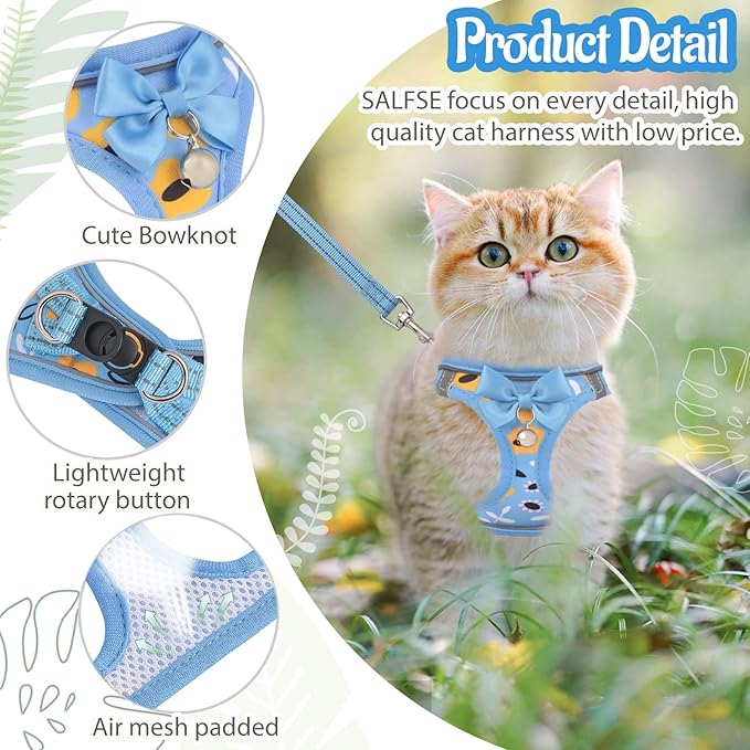 Cat Harness and Leash Escape Proof for Walking, Adjustable Soft Kitten Harness with Reflective Straps Step in Cat Vest Harness for Small Kitten and XS Dogs (Blue, S-Chest(11.8"-13.7"))