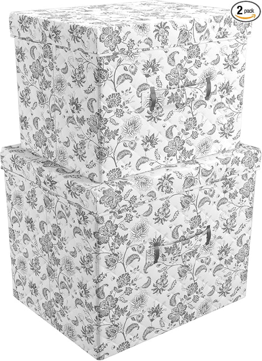 Martha Stewart Essential Collapsible Stackable Decorative Home Storage Organization With Lidded Tops, Set of 2 Nesting Boxes with Lids, Bedford Floral