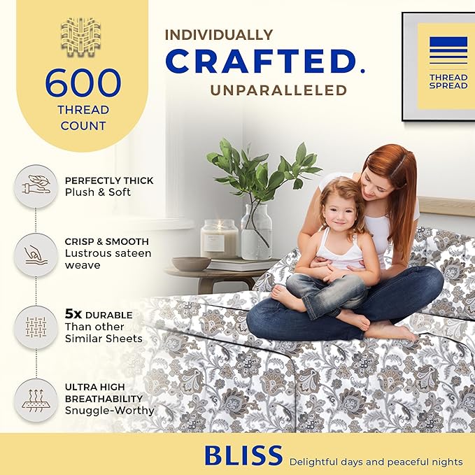 THREAD SPREAD 100% Egyptian Cotton Printed Bed Sheets - 600 Thread Count 4 PC Full Sheet Set, Hotel Luxury Sateen Bedsheets, 16" Deep Pocket Soft Cooling Sheets for Full Size Bed - Floral Ivory