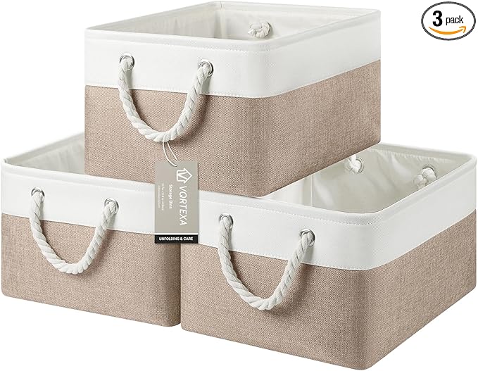 Storage Baskets, Fabric Storage Bins, Versatile Storage Baskets for Shelves with Handles, Large Closet Organizers for Shelves, Clothing, Toys, Books (3-Pack 15.7x11.8x8.2 inch, White&Khaki)
