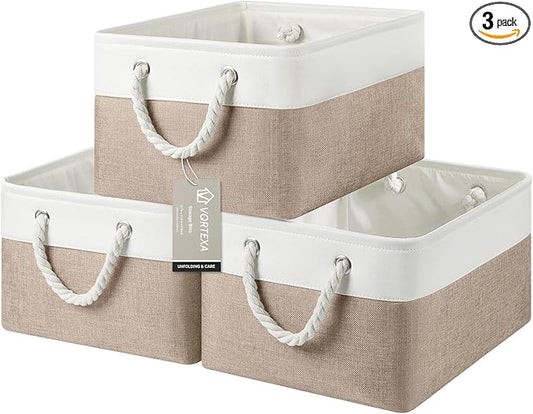 Storage Baskets, Fabric Storage Bins, Versatile Storage Baskets for Shelves with Handles, Large Closet Organizers for Shelves, Clothing, Toys, Books (3-Pack 15.7x11.8x8.2 inch, White&Khaki)