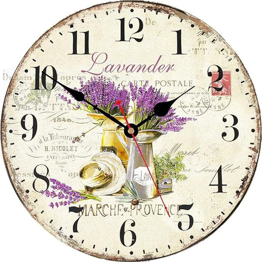 TAHEAT Lavender Wall Clock, Small Vintage Floral Provence Kitchen Clocks, Retro Rustic Battery Operated Wall Clocks for Living Room Bedroom Bathroom Office, 8 Inch