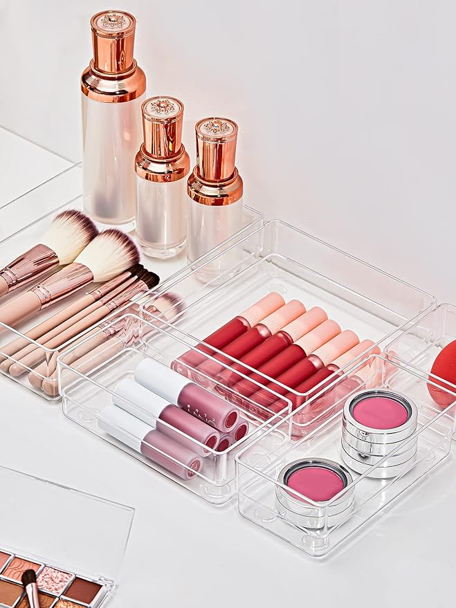 SMARTAKE 16-Piece Drawer Organizer with Non-Slip Silicone Pads, 5-Size Desk Storage Tray for Makeup, Jewelries, Utensils in Bedroom Dresser, Office and Kitchen, Clear