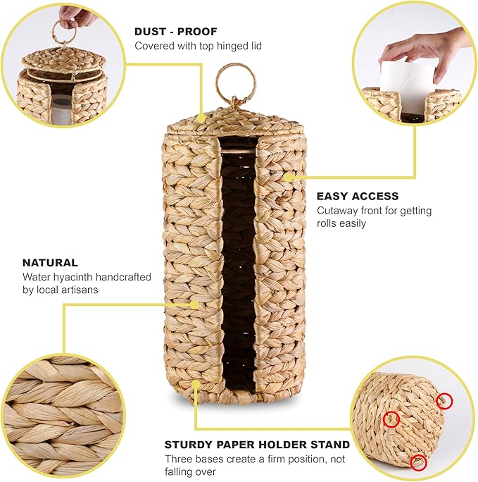 Wicker Toilet Paper Storage Stand with Lid, Toilet Paper Holder for Up to 3 Mega Rolls, Water Hyacinth Toilet Paper Basket Bathroom Accessories Organizer
