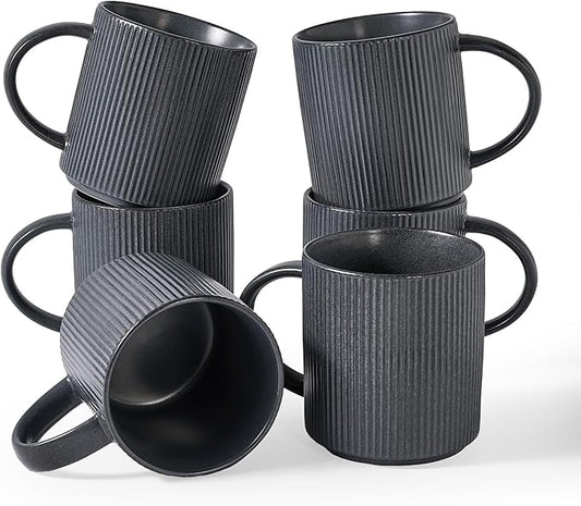 famiware Coffee Mug Set for 6, Star 16 oz Catering Mugs Cup Set with Handle for Coffee, Tea, Cocoa, Milk - Ceramic Stoneware Drinkware Set, Matte Dark Charcoal