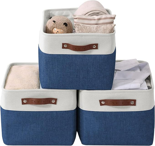DECOMOMO Storage Bins Fabric Storage Baskets for Shelves, Linen Closet Organization Toys Nursery (Navy Blue and White, Large - 3 Pack)