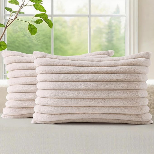 decorUhome Faux Fur Spring Throw Pillow Covers 12x20 Set of 2, Decorative Soft Plush Striped Lumbar Neutral Couch Pillow Covers with Velvet Back for Sofa, Bed, Living Room Home, Beige