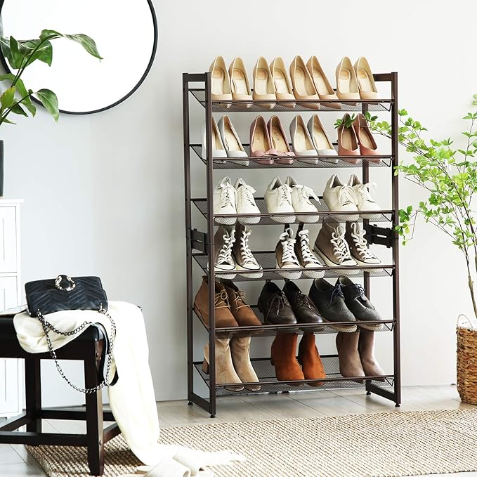 SONGMICS Shoe Rack, 6-Tier Shoe Organizer, Metal Rack for Garage, Set of 2, 3-Tier Stackable Shelf, with Adjustable Flat or Angled Shelves, 18-24 Pairs, Bronze ULMR03A-2