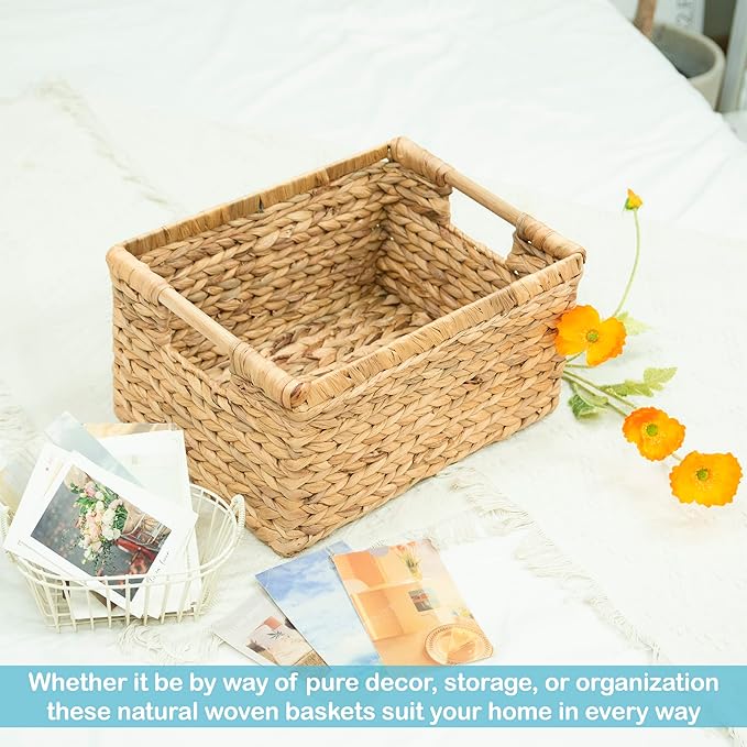VATIMA Large Rectangular Wicker Basket with Wooden Handles for Shelves and Storage - Natural Water Hyacinth Basket for Organizing, 14.5 x 10.3 x 7.5 inches