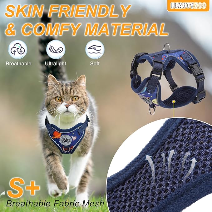 BEAUTYZOO Escape Proof Cat Harness and Leash for Walking, Soft Adjustable Cute Vest for Small to Large Cats, Reflective Breathable Easy-Control Outdoor Jacket, Kitten Harness and Leash Set, Blue, S