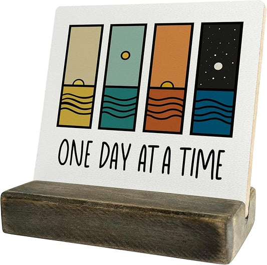 Primitive Wooden Sign, One Day at A Time, Desk Plaque with Wooden Stand 4 x 4.3 inches, Modern Decoration, Farmhouse Table Plaque Signs, Rustic Home Decor Plaque, Inspirational Sign, Uplifting Gift A