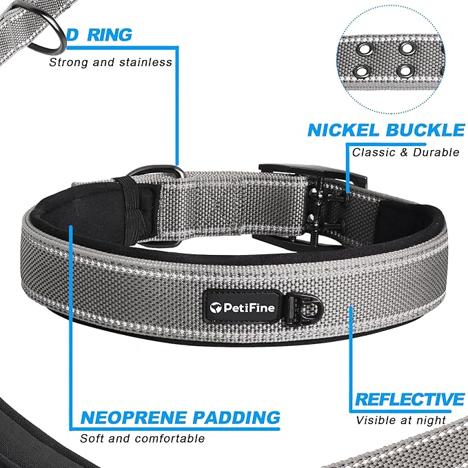 PetiFine Dog Collar for Large Dogs, Neoprene Padded and Adjustable, Reflective Wide Heavy Duty Pet Collars with Durable Metal Belt Buckle for Walking, Grey, XL
