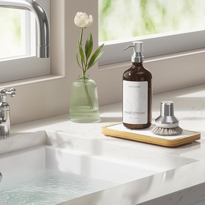 Water Absorbing Stone Tray for Sink, Fast Drying Diatomite Stone with Bamboo Sink Tray, Stone Drying Mat for Bathroom and Kitchen Counter, Bathroom Countertop Tray