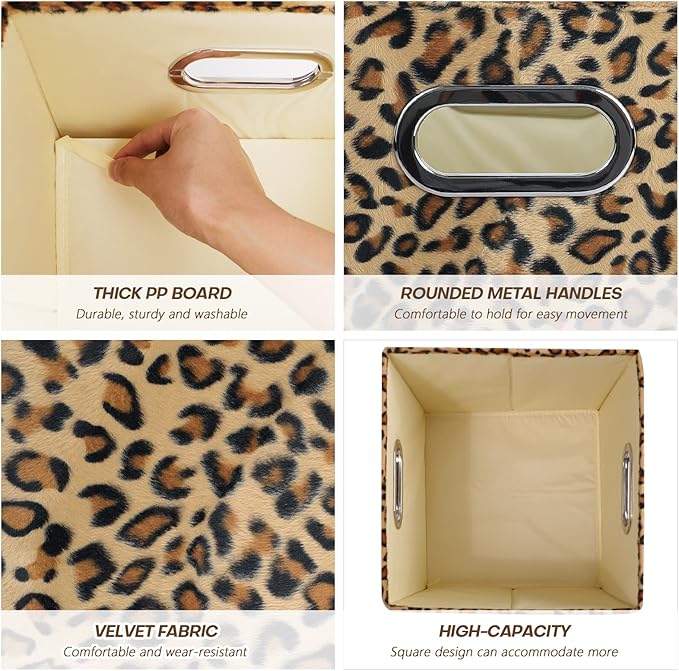 ANMINY 2PCS Storage Cubes Leopard Cheetah Print Velvet Fabric Storage Bins for Shelves, Collapsible Washable Closet Storage Baskets Boxes with Handles for Organizing and Storage -Brown, 11"x 11"x 11"
