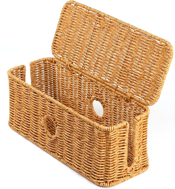 Rattan Cable Management Box Handwoven Cord Organizer Box, 4 Open Slots Cords Hider Box Under Desk Cable Management Suitable for TV Cables Computers Routers Power Cords to Hide and Organize
