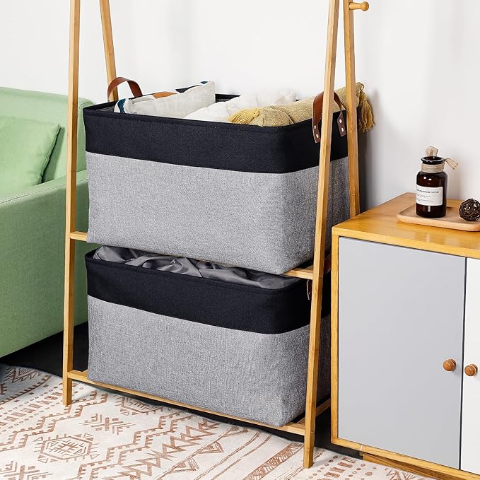 DULLEMELO Extra Large Storage Basket 22X15, 70L Foldable Fabric Toys Baskets Organizer Bins, Black&Grey
