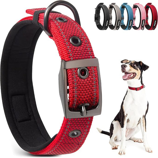 PetiFine Dog Collars for Medium Dogs, Neoprene Padded and Adjustable, Reflective Wide Heavy Duty Pet Collars with Durable Metal Belt Buckle for Walking, Red, M