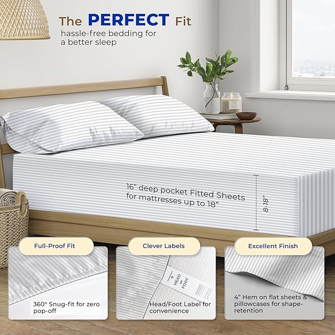 THREAD SPREAD Luxury Egyptian Cotton King Stripe Sheet Set, 600 Thread Count Extra Long Staple 4 PC Set, King White Damask Sheets, Soft, Cooling Sateen Weave Sheets Upto 18" Deep Pocket