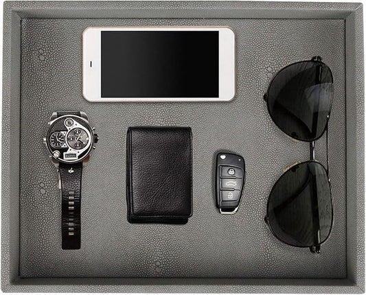 HofferRuffer Decorative Desktop Organizer Tray, Bathroom Vanity Tray, Storage Jewelry Perfume Dresser Tray, Catchall Tray for Change Coin Key, 10.2 x 8.4 x 1.8 inches (Dark Grey Faux Leather Shagreen)