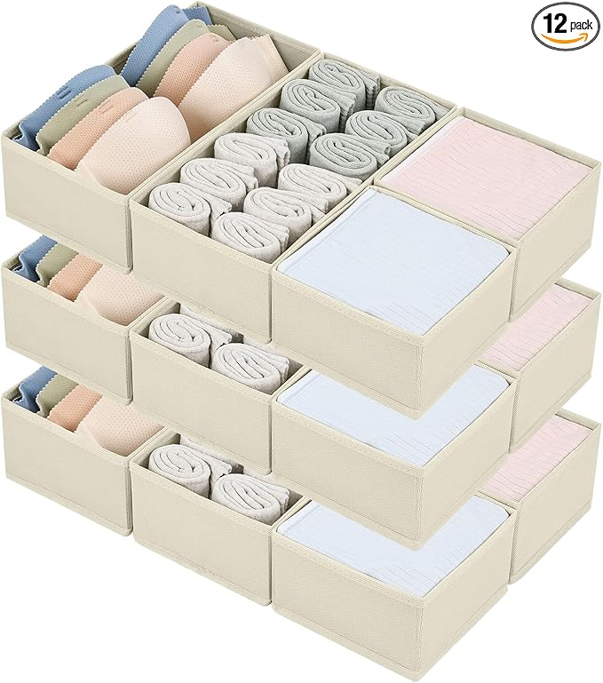 DIMJ Drawer Organizers - Set of 12 Fabric Closet Organizers and Storage, Drawer Dividers for Baby Clothes, Socks, Belt, Tie (Beige)