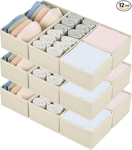 DIMJ Drawer Organizers - Set of 12 Fabric Closet Organizers and Storage, Drawer Dividers for Baby Clothes, Socks, Belt, Tie (Beige)