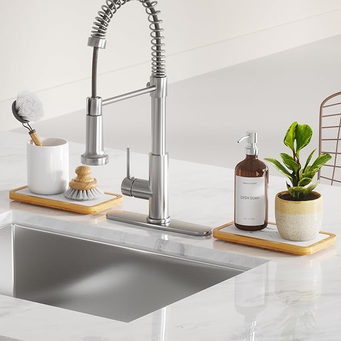 Water Absorbing Stone Tray for Sink, Fast Drying Diatomite Stone with Bamboo Sink Tray, Stone Drying Mat for Bathroom and Kitchen Counter, Bathroom Countertop Tray