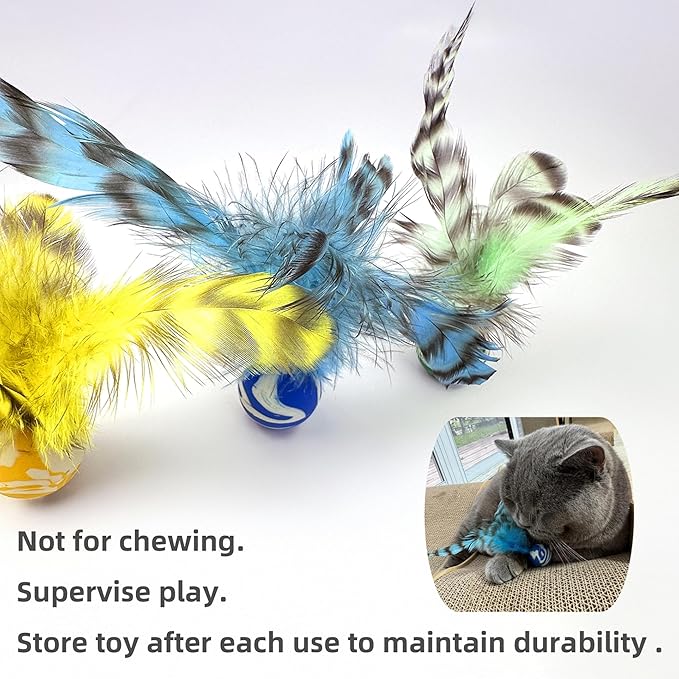Feather Chase & Fetch Balls for Indoor Cats – 5 Pack Durable Rubber Cat Toys with Natural Feathers, Interactive Exercise & Hunting Play, Bouncy Balls for Active Kittens and Adult Cats