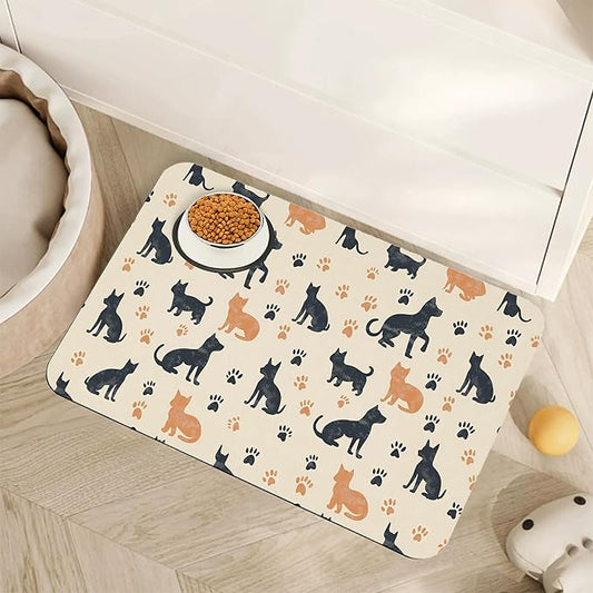 Cute Cat Paw Prints Dog Food Mat for Floors,Vintage Boho Absorbent Pet Food and Water Bowl Mats,Non-Slip Pet Feeding Mat,Pet Supplies 12" x 20"
