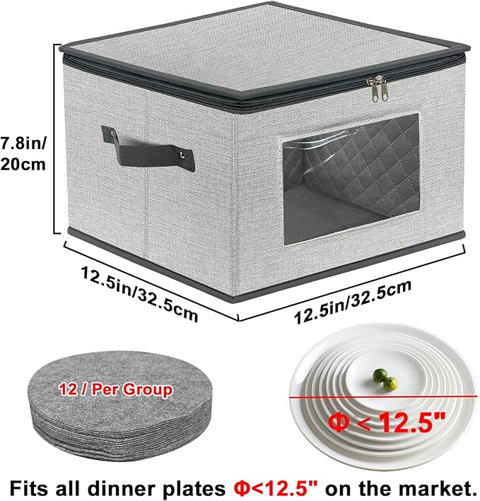 China Storage Containers, 12 Inch Dinner Plate Dish Storage Containers, Hard Shell Quilted Dinnerware Storage Box Case with Lids and Felt Protectors for Dishes Plates Storage and Moving (Light Grey)