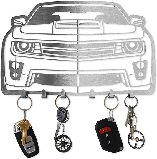 MOOH Car Key Holder for Wall - Metal Automotive Key Holder with 6 Hooks - Unique Car Gift for Men, Women, Car Lovers & Enthusiasts - Cool Man Cave Decor (Chevy Camaro 2014, Stainless Steel)