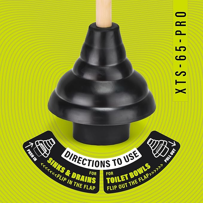 SteadMax XTS-65-PRO Heavy Duty Toilet Plunger, Commercial Grade, Powerful Double Thrust Force Rubber Cup with Wood Handle, for Clogged Bathroom, Shower, and Kitchen (22" x 5.75")