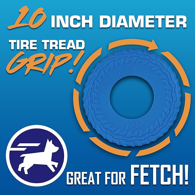 Nerf Dog Tire Flyer Outdoor Dog Toy, 10 Inch Flying Disc Dog Fetch Toy, Rubber Dog Toy for Medium Dogs and Large Dogs, Blue (Pack of 2)