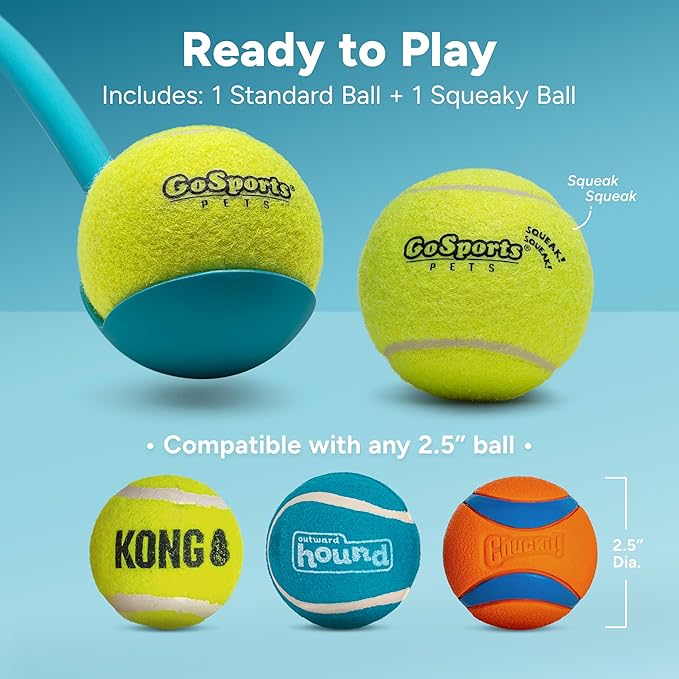 GoSports Pets Dog Ball Launcher - Ergonomic Tennis Ball Thrower for Dogs 20+ lbs - Includes Tosser and (2) 2.5 Inch Balls for Fetch