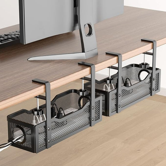 2 Pack Cable Management Under Desk Tray, No Drill Cable Management Box with Clamp for Wire Organization, Cord Organizer for Office, Home - No Damage to Desk (Black)