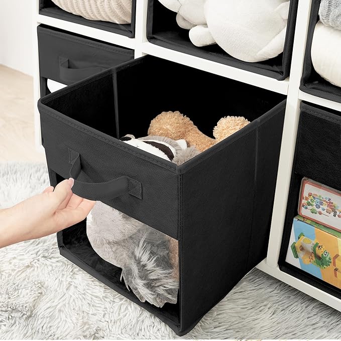 Storage Bins with Clear Window, 11x11 Storage Cubes, Collapsible Cube Storage Box, Fabric Closet Organizers with Handles for Home, Office, Shelf, Closets, Living Room, Black, 6 Pack