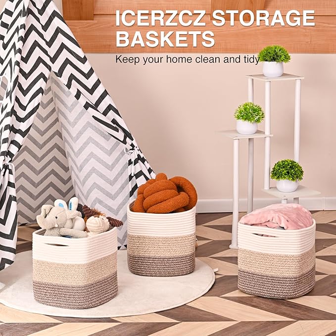 13 Inch Cube Closet Storage Bins, Woven Cotton Rope Organizer Baskets for Organizing & Shelves, Books, Towels, Clothes, Toys, 13x13x13 in, Gradient Brown (Pack of 3)