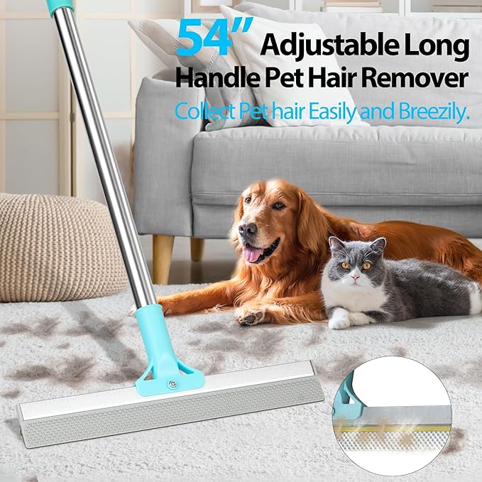 Carpet Rake for Pet Hair Removal Tool, 2 in 1 TPU and Copper Rake Teeth, Uproot Clean Hair Remover with 54’’ Adjustable Long Handle, Reusable Cat & Dog Fur Broom for Carpets,Rugs, Mats,Car